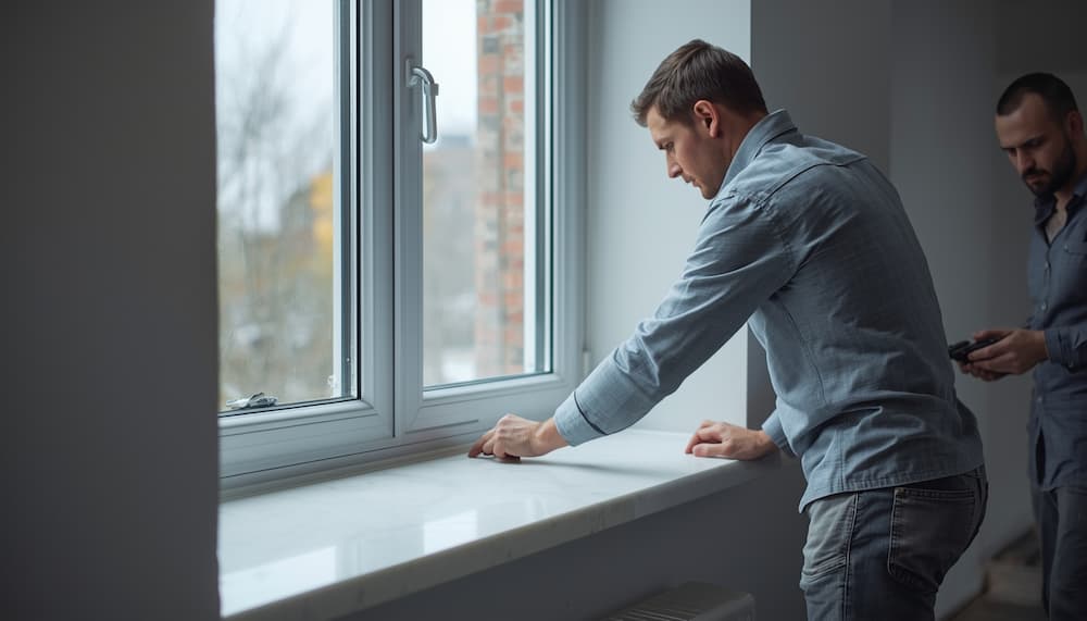 работники устанавливают подоконник из камня